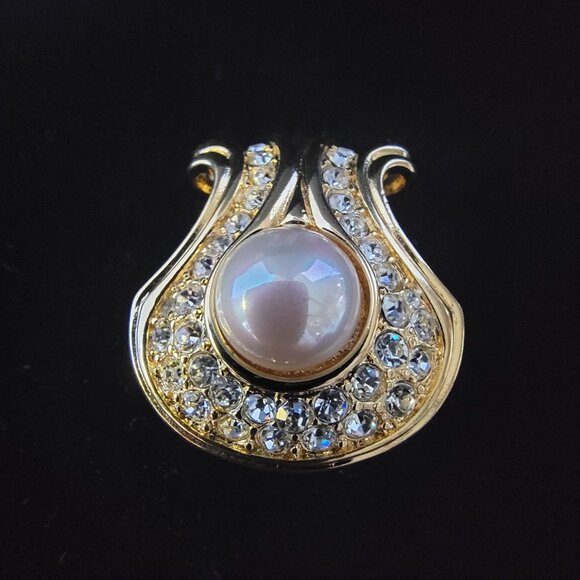 Nolan Miller Gold Faux Pearl Necklace Pave Crystals Lyre Shaped Pendant - Picture 4 of 14